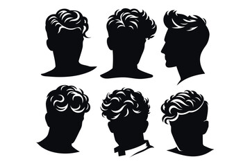 Head of a young guy with curly hair.
Black silhouette of a man on a transparent background. Vector set for stencil.
