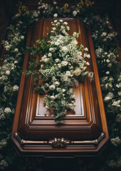 Generative AI, wooden coffin decorated with flowers, top view, Christian temple, funeral, burial, funeral ceremony, funeral service, death, traditions, farewell, deceased, ritual, church