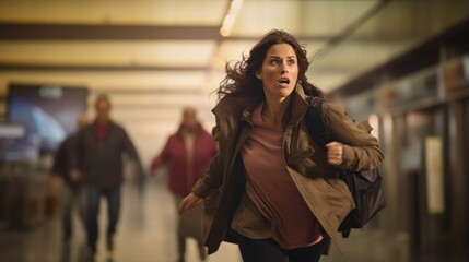A woman is running through the airport, She is late for the plane, a frightened expression on her face.
