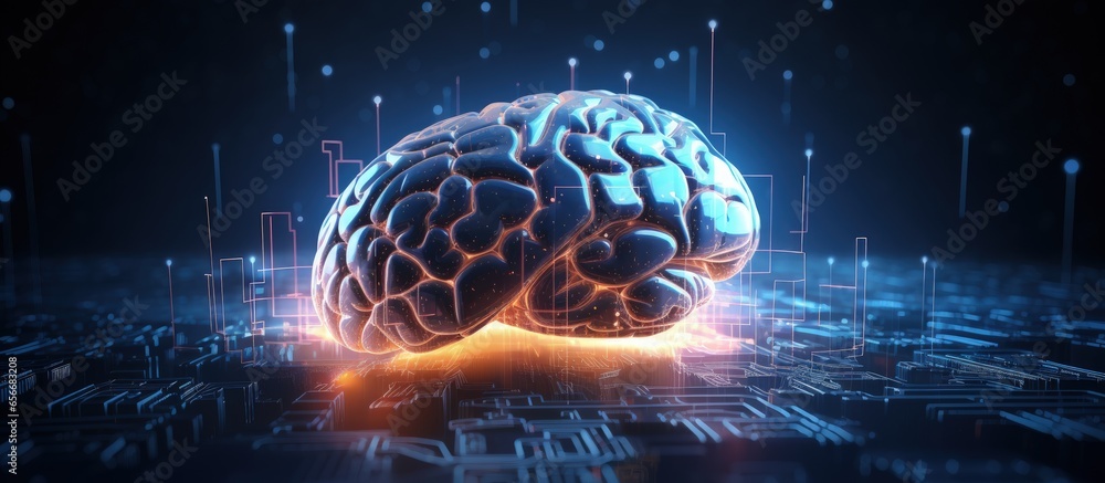 Poster illustration banner of ai and deep learning s conceptual background merging human brain with technol
