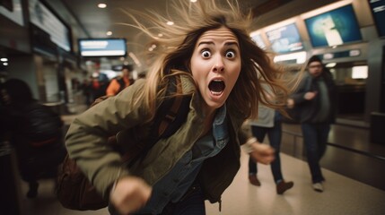 A woman is running through the airport, She is late for the plane, a frightened expression on her face. - obrazy, fototapety, plakaty