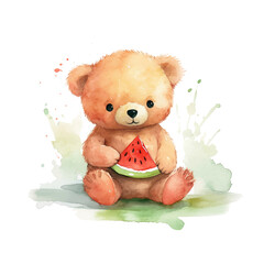 Cute teddy bear eating watermelon watercolor paint