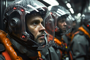 close-up of a man in a ship in space, in his suit, he is scared, cinematic scene style