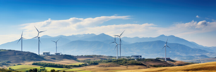 Wind turbines in a mountainous area, alternative energy sources in the mountains, green eco energy banner