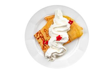 fresh crepes whipped cream tasty pancakes portion sweet dessert appetizer meal food snack on the table copy space food background rustic top view