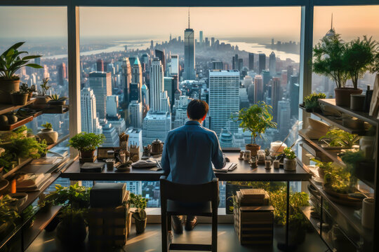 back view of a business man sitting in an office with many floors, a large window overlooking a big city with skyscrapers