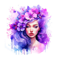 Beautiful woman surrounding by purple flowers watercolor paint
