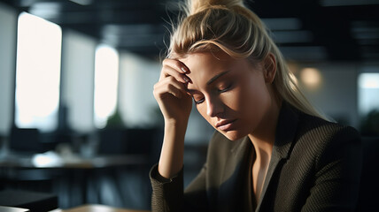 Shot of a young businesswoman experiencing a headache in the office, - obrazy, fototapety, plakaty