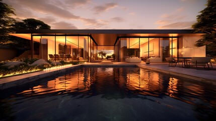 Swimming pool in a luxury villa at sunset. Panorama