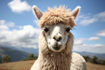 Deurstickers A bemused-looking llama giving a side-eye glance, as if contemplating the oddities of the human world. Concept of a contemplative llama. Generative Ai. © Sebastian