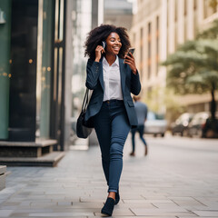 Full body portrait of successful African American business woman having phone call outdoor. Middle age businesswoman in suit talking on smartphone, walking city urban street at business office center