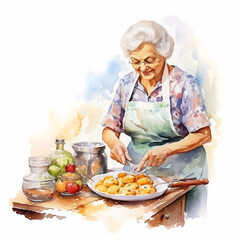 Grandmother cooking sweets watercolor paint