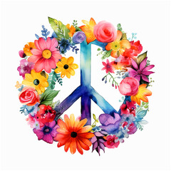  Peace symbol surrounded by flowers watercolor paint