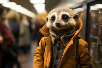 Image of meerkat in elegant business clothing travel in subway.