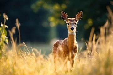 Raamstickers roe deer in the meadow near  of the forest © dragan jovic