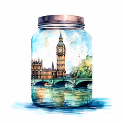Big Ben in a glass jar watercolor paint 