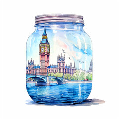 Big Ben in a glass jar watercolor paint