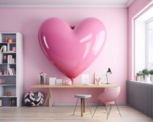 A heart-filled office design is revealed with a large pink heart balloon adorning the wall, filled with stylish furniture, a vase of flowers, and shelves of trinkets to bring life and love to the roo