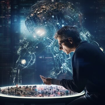 Illustration of a personified artificial intelligence opposing human intelligence , IA generated 
