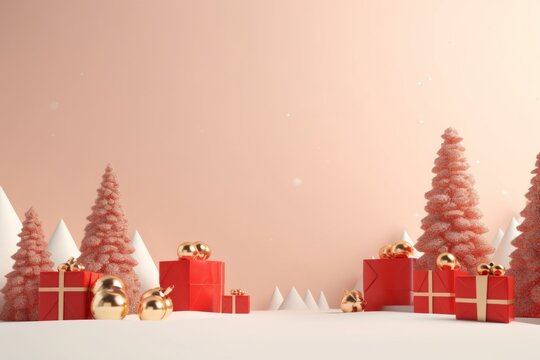 This vibrant and festive image captures the joy of christmas with its happy presents and majestic snow-covered trees, creating a perfect backdrop for new year celebrations