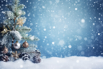 Christmas tree decorated with toys in snowfall