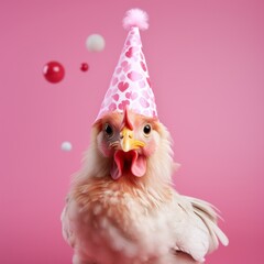 A lively chicken wearing a vibrant party hat brings an unexpected burst of joy to the room, celebrating life's special moments - obrazy, fototapety, plakaty