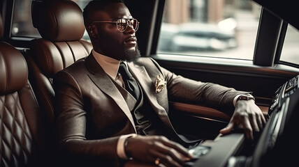 Successful black man in a business suit sitting in luxurious leather car interior, - obrazy, fototapety, plakaty