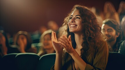 Beautiful young woman is applauding at the cinema. She is sitting in the cinema and smiling