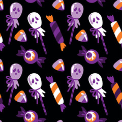 Halloween candy, lollipops in the shaped eye, ghost on black background. Childish print. Seamless pattern. 