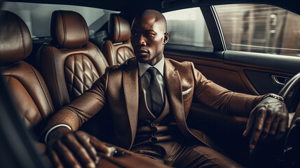 Successful black man in a business suit sitting in luxurious leather car interior,