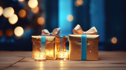 Christmas gifts on a polished wooden floor with candle glow