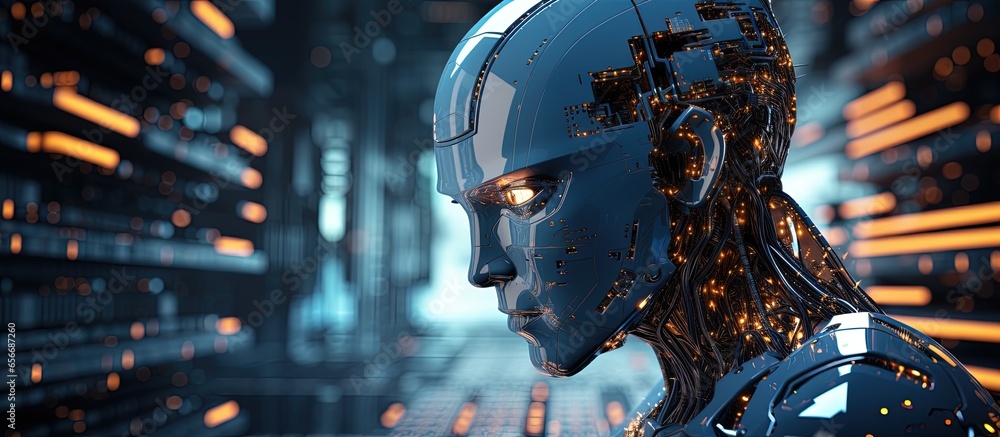 Poster dark a male robot with a computer monitor head and a pixelated smile on an abstract computer circuit
