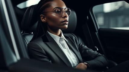 Successful black woman in a business suit sitting in luxurious leather car interior. - obrazy, fototapety, plakaty