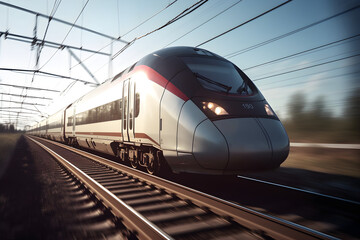 High speed train on the railway track with motion blur background, Commercial transportation, modern passenger train - Powered by Adobe
