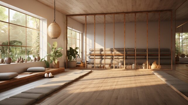 a serene yoga studio with earthy materials and calming colors that facilitate mindfulness and well-being