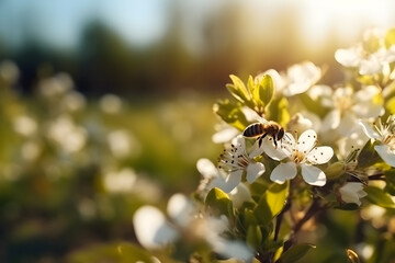 Honey bee collecting nectar from white flowers of a blossoming tree. Nature background. Spring - obrazy, fototapety, plakaty