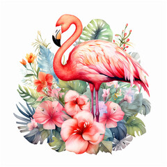 Flamingo surrounded by leaves and flowers watercolor paint