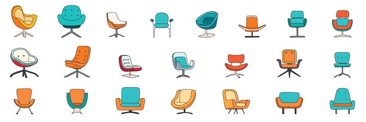 Large collection of modern chair isolated on white background. Modern armchairs colored outline. Vector illustration.