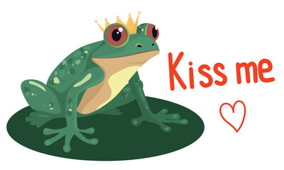 Prince frog says kiss me. Frog with crown in flat style. Frog, say kiss me. Vector illustraiton. Looking for love.