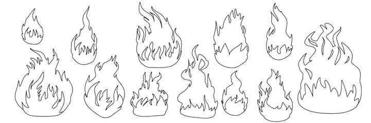 Collection of hand drawn doodle flame. Hand drawn fire outline isolated on white background. Vector illustration.