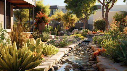 a snapshot of a water-efficient urban garden, demonstrating the possibilities of sustainable landscaping in arid climates - obrazy, fototapety, plakaty
