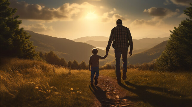 Silhouette photo of father holding his son hand walking together in nature with sunset and mountain scene landscape. Parent and children bonding relation nature learning concept. Generative AI