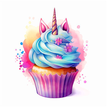 Unicorn cupcake watercolor paint art