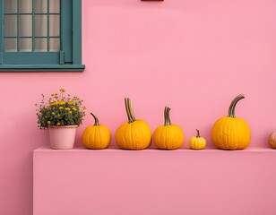 A row of bright orange pumpkins and pot with flowers against a wall of a punk house, green window. Copy space
