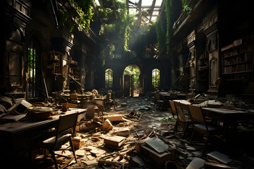 Ruins of school library at war zone. - obrazy, fototapety, plakaty