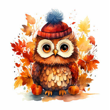 Owl in autumn watercolor paint