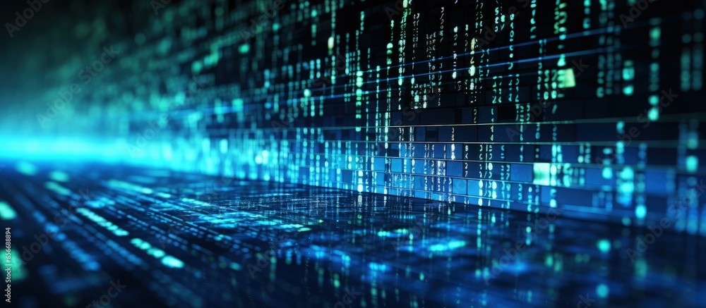 Poster close up shallow depth of field of computer screen displaying blue binary data with copyspace for te