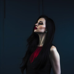 A woman with long black hair and heavy makeup wearing a red dress