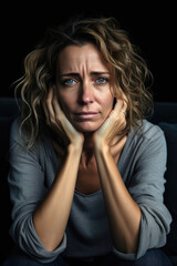 A deeply worried woman with teary eyes, sitting in her couch. Generative AI