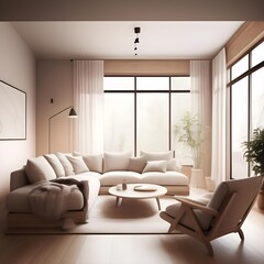 Fototapeta premium Cozy living room, warm lighting, neutral color palette, minimalist aesthetic, natural sunlight, furniture,Sleek and Modern Interior: A 3D Render of a Room with Stylish Roller Blinds and Solar Shades